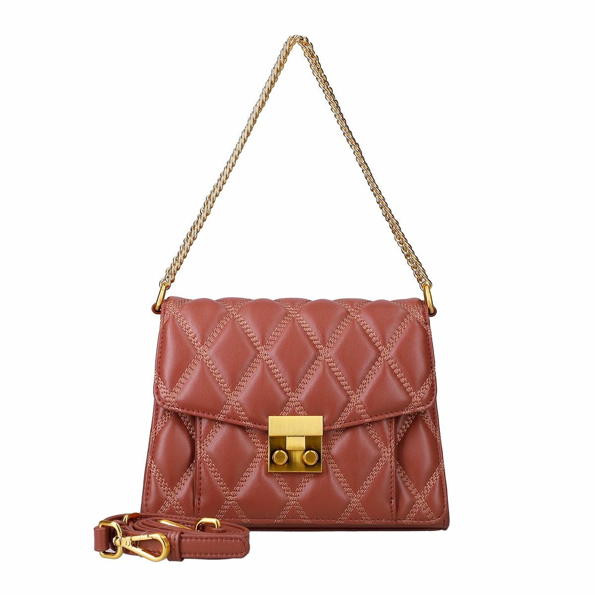 本革キルティングレザーハンドバッグ - ボルドー
