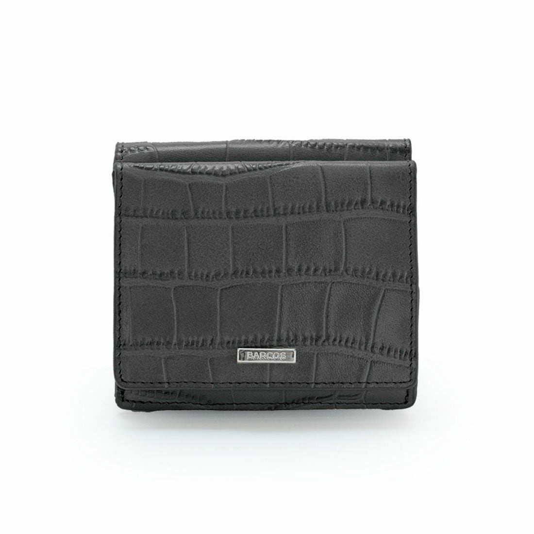 マットレザークロコダイル型押し折財布 - ブラック