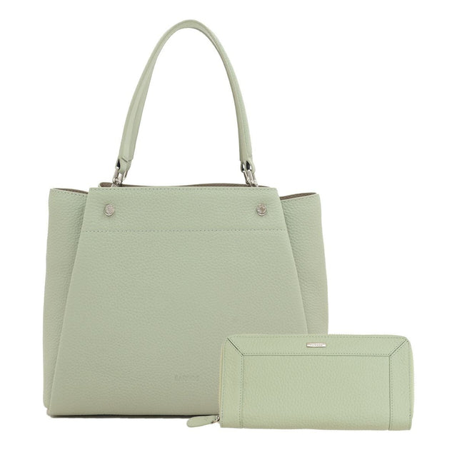 【セット商品】シュリンクレザー3wayハンドバッグ＆シュリンクレザー切替ロングウォレット - ライトグリーン