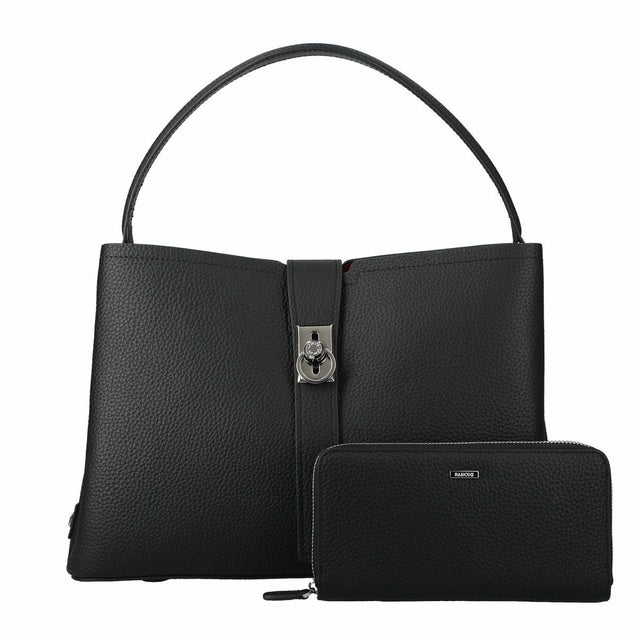【セット商品】シュリンクレザー ショルダーバッグ & 背面ポケット付きロングウォレット - ブラック