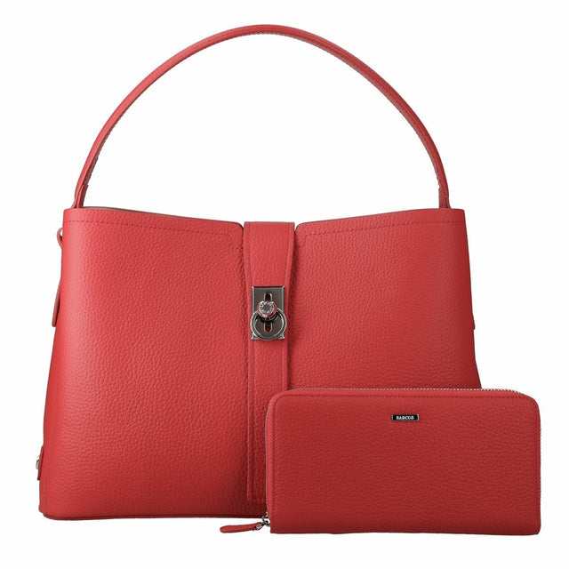 【セット商品】シュリンクレザー ショルダーバッグ & 背面ポケット付きロングウォレット - レッド
