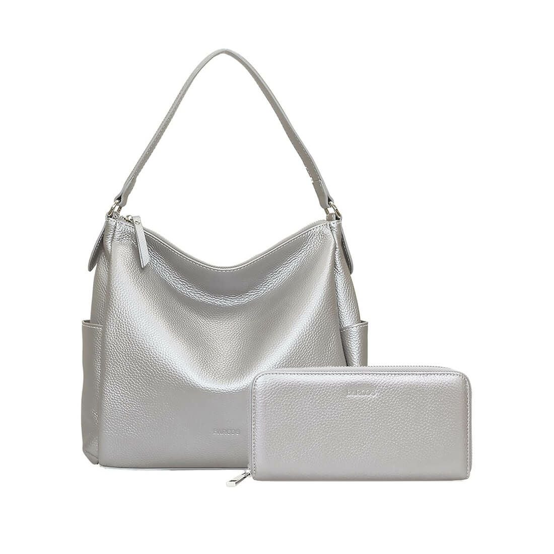 【セット商品】シュリンクレザーショルダーバッグ＆財布＜カジュアルセット＞ - シルバー