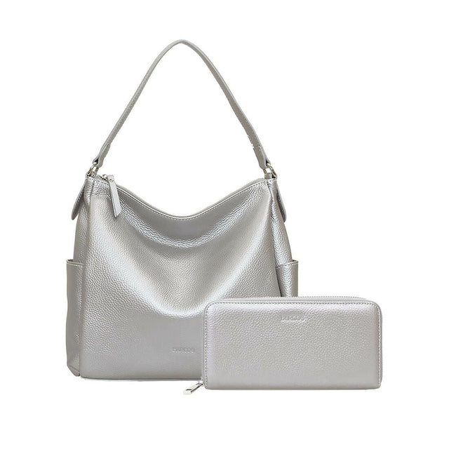 【セット商品】シュリンクレザーショルダーバッグ＆財布＜カジュアルセット＞ - シルバー