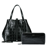【セット商品】クロコダイル型押シャイニングミニレザーハンドバッグ＆ロングウォレット - ブラック