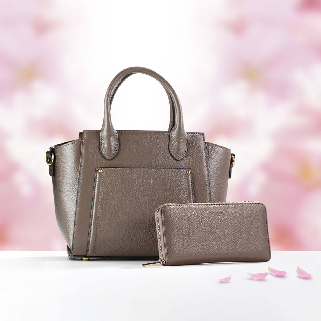 【セット商品】リベットデザインシュリンクレザー2wayハンドバッグ＆長財布セット