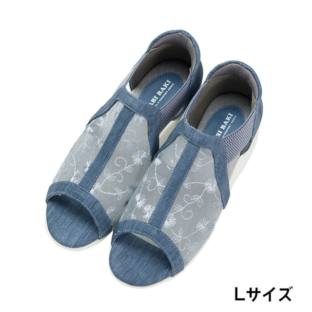 チュール素材花柄デザインハンズフリーサンダル - ブルー（Lサイズ:24cm）