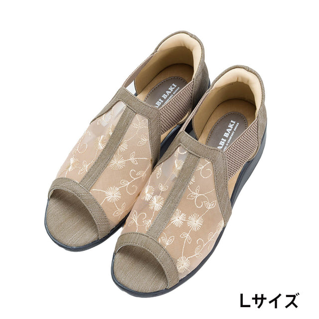 チュール素材花柄デザインハンズフリーサンダル - ベージュ（Lサイズ:24cm）
